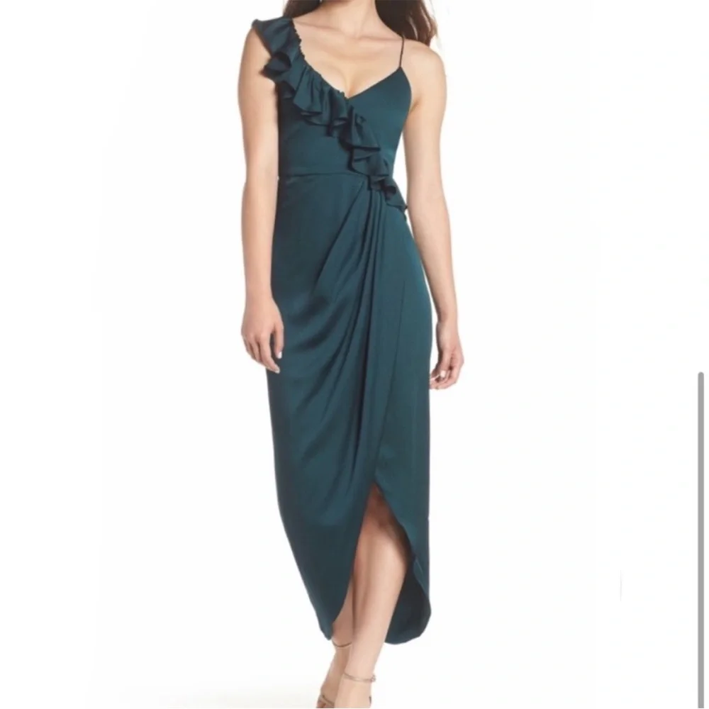Shona Joy 4 ruffle midi dress 0232 emerald green zipper Asymmetrical